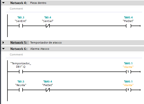 Network de pieza y alarma por atasco